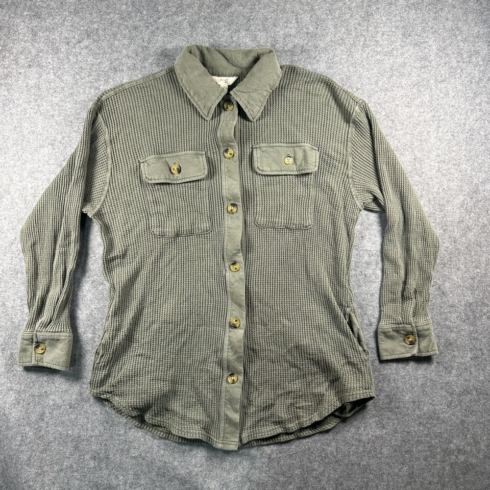 Terra & Sky Waffle Knit Button Down Shacket 0X 14W Olive Green Cotton Blend